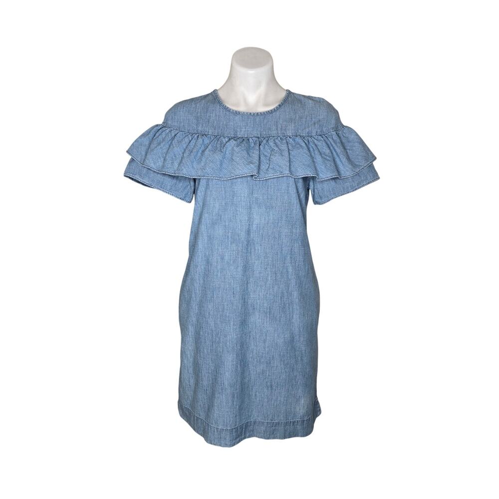 J. CREW Edie Chambray Dress Short Sleeve Blue NO BELT Size Medium